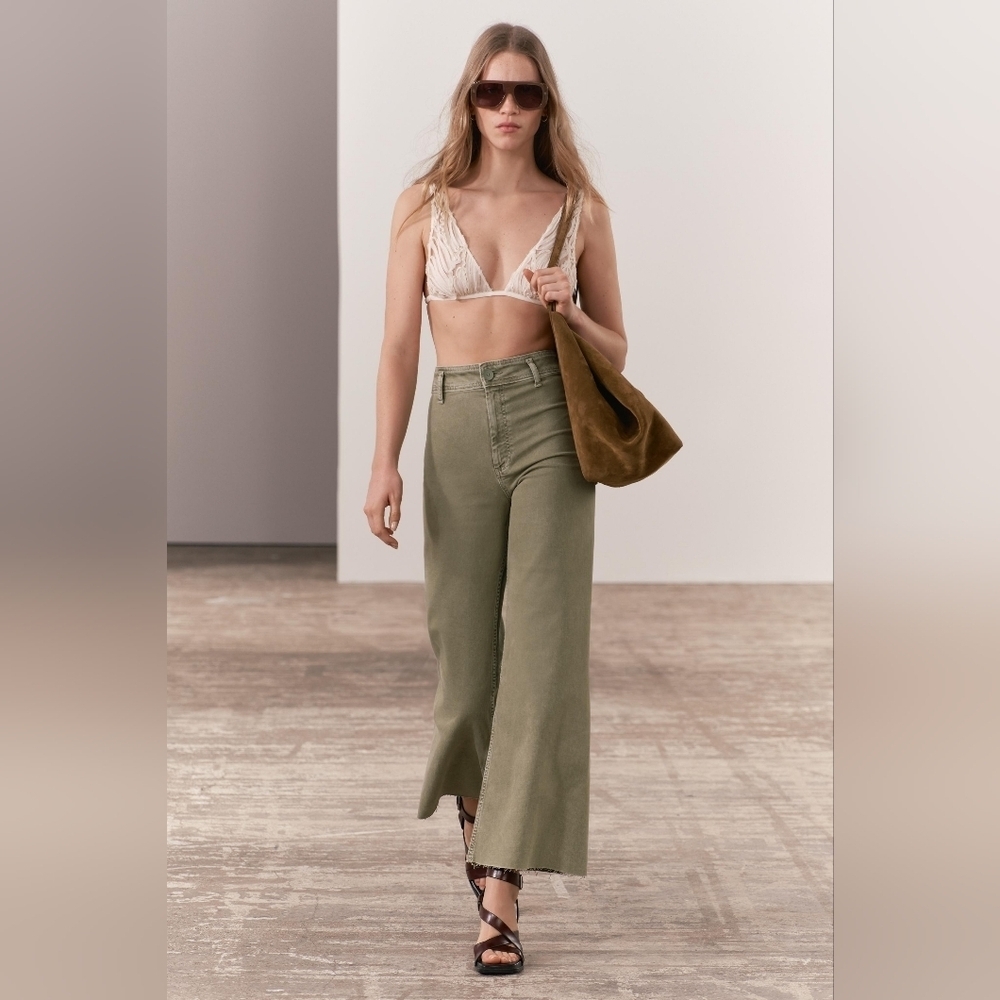 ZARA The Marine Straight Green Kaki Washed Flare Women Pants High Rose Size 0